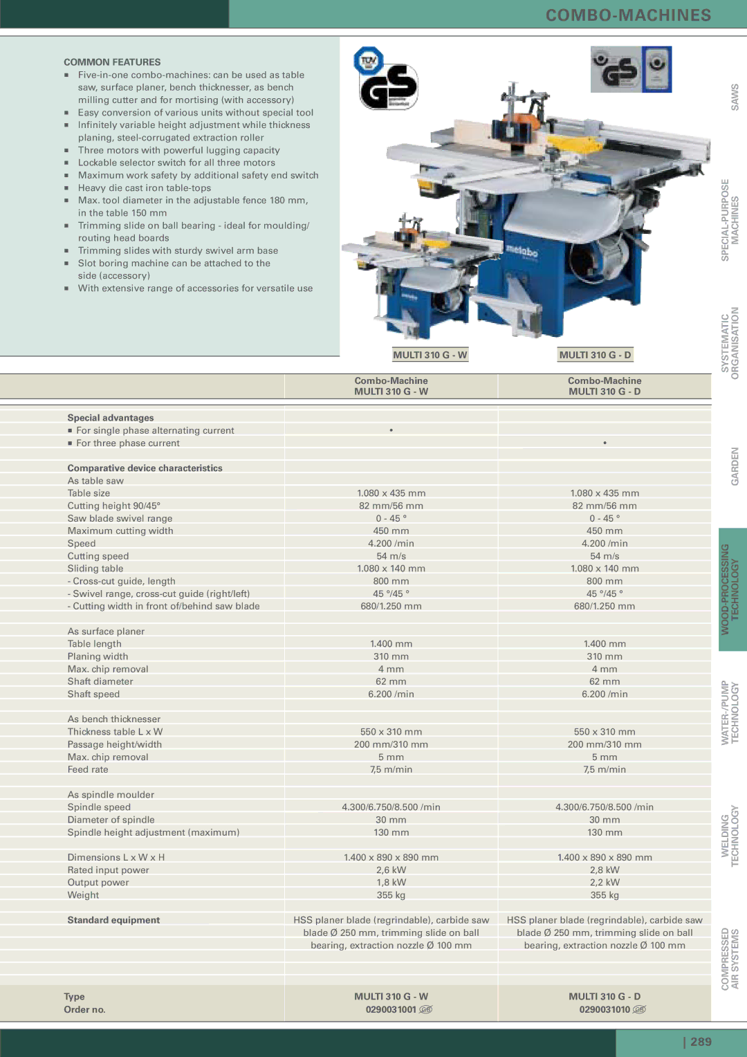 Metabo HC 300 manual Multi 310 G W Combo-Machine Multi 310 G D, Type Multi 310 G W Order no, Multi 310 G D 0290031010 GB 