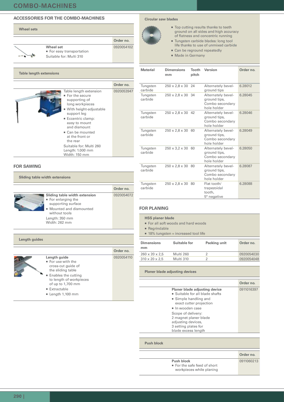 Metabo HC 300 manual Accessories for the COMBO-MACHINES, For Sawing, For Planing 