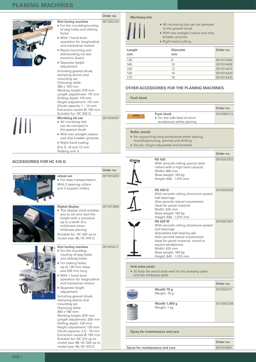 Metabo HC 300 manual Accessories for HC 410 G, Other Accessories for the Planing Machines 