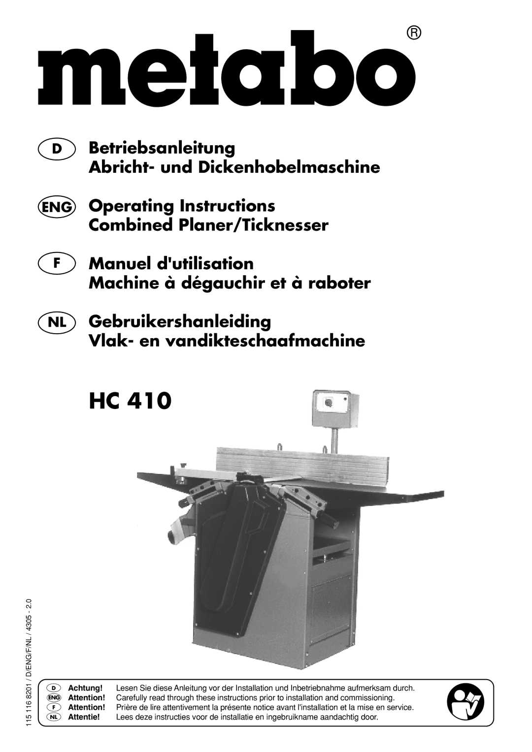 Metabo HC 410 operating instructions Betriebsanleitung Abricht- und Dickenhobelmaschine 