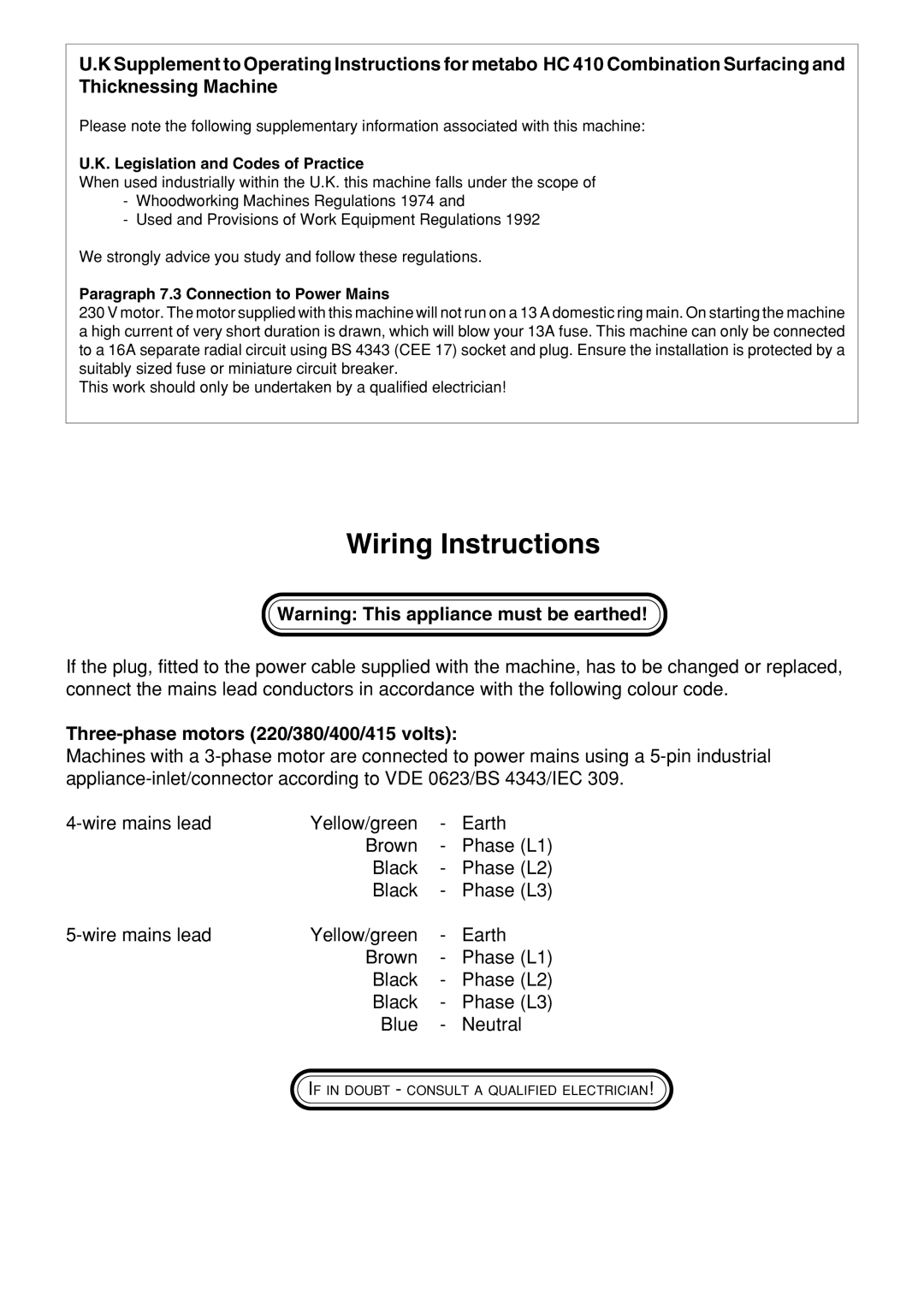 Metabo HC 410 operating instructions Three-phase motors 220/380/400/415 volts, Legislation and Codes of Practice 