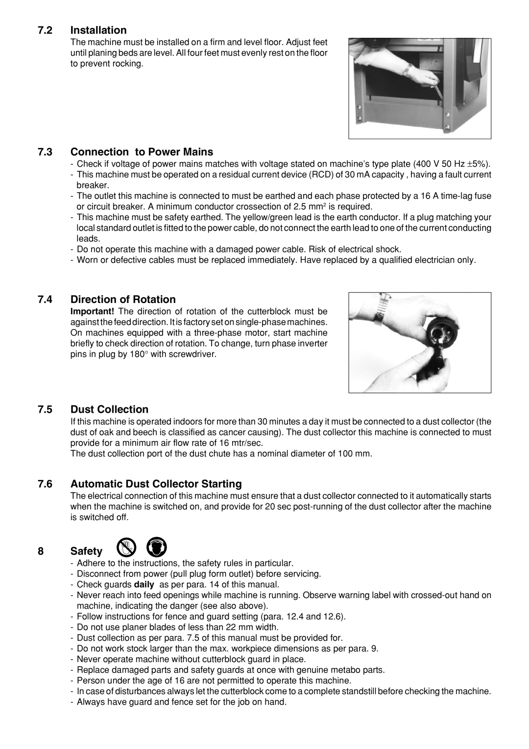 Metabo HC 410 Installation, Connection to Power Mains, Direction of Rotation, Dust Collection, Safety 