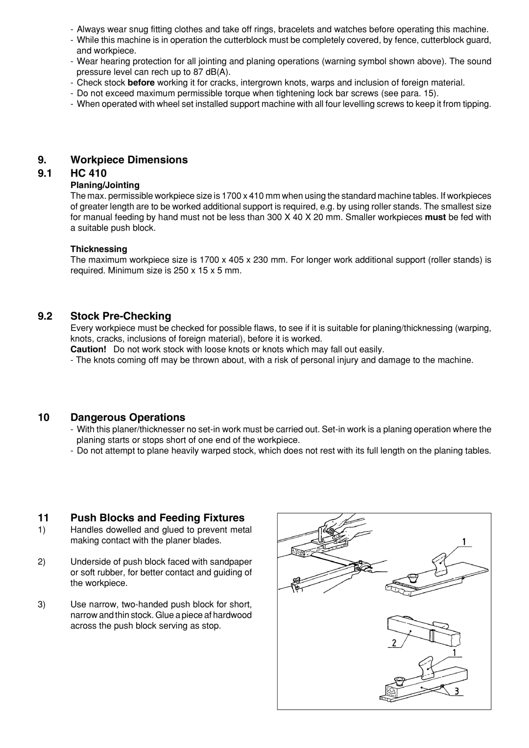 Metabo HC 410 Workpiece Dimensions, Stock Pre-Checking, Push Blocks and Feeding Fixtures, Planing/Jointing, Thicknessing 