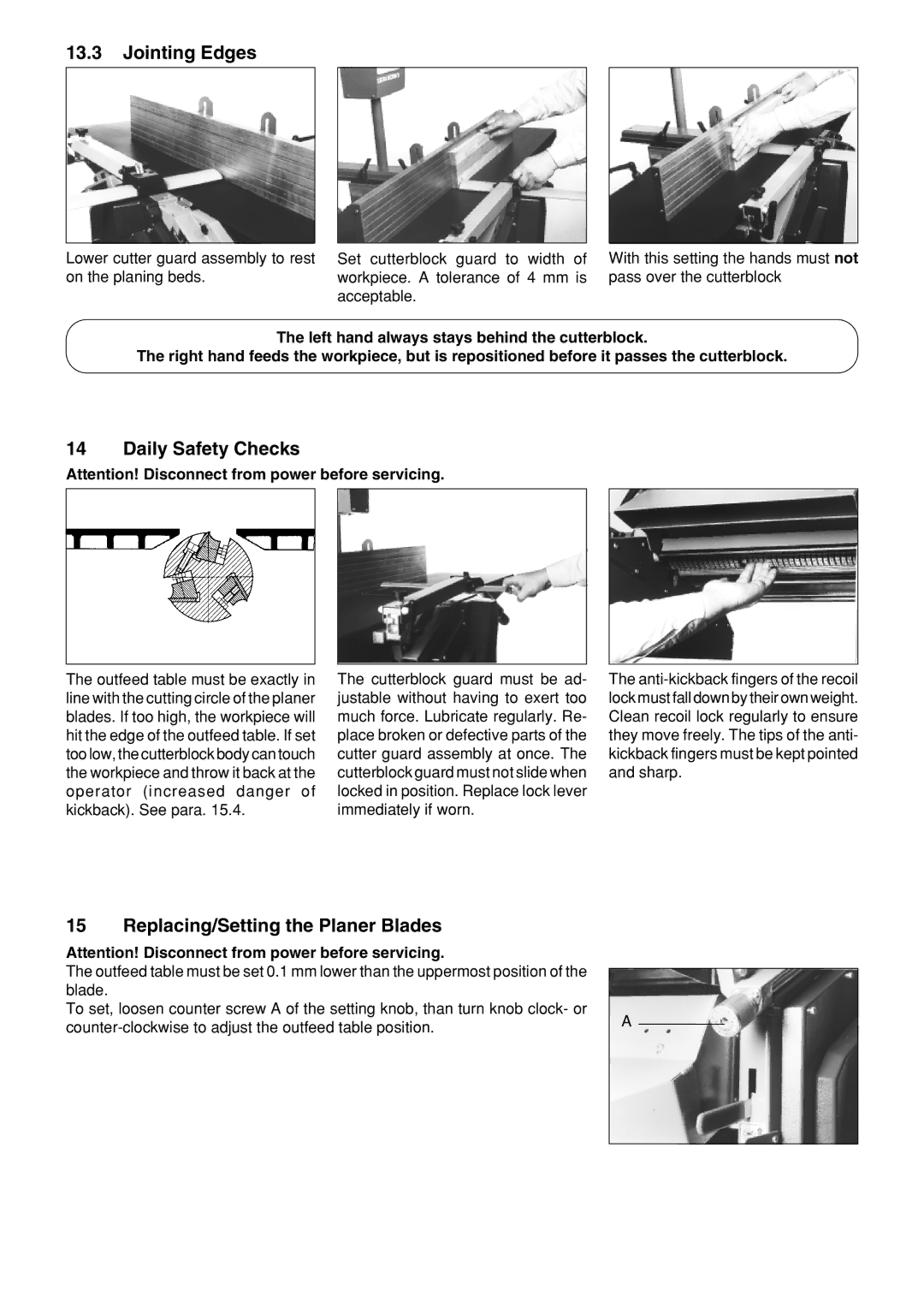 Metabo HC 410 operating instructions Jointing Edges, Daily Safety Checks, Replacing/Setting the Planer Blades 