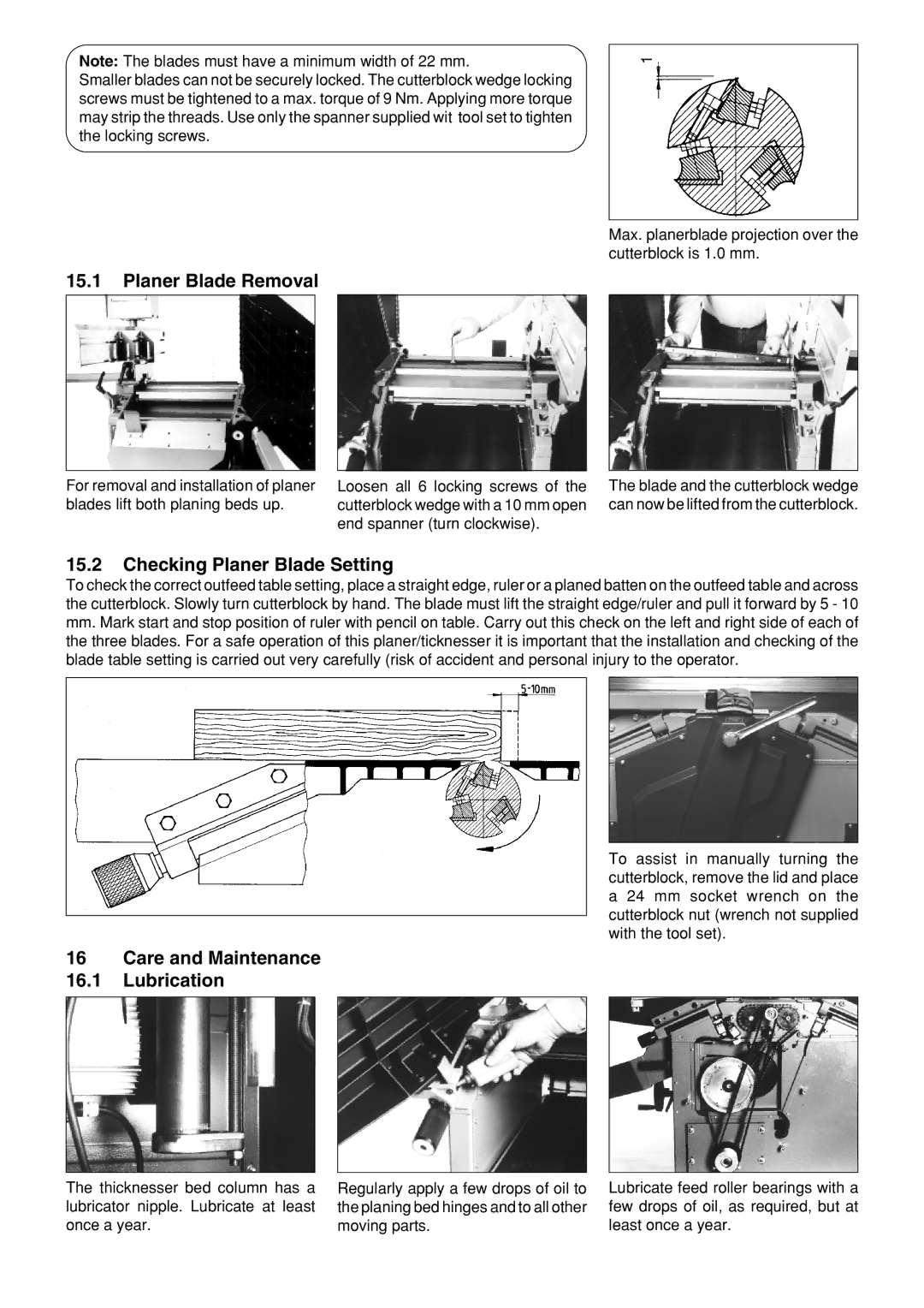 Metabo HC 410 operating instructions Planer Blade Removal, Checking Planer Blade Setting, Care and Maintenance Lubrication 