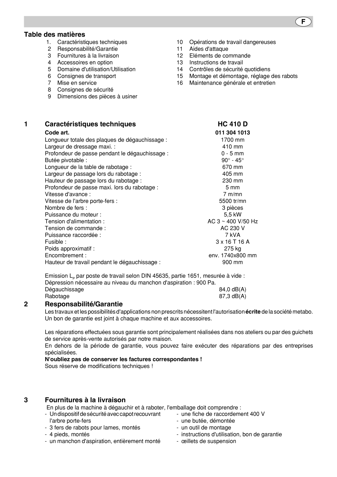 Metabo HC 410 Table des matires, CaractŽristiques techniques, ResponsabilitŽ/Garantie, Fournitures ˆ la livraison 