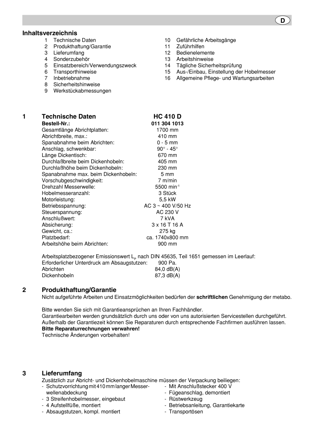 Metabo HC 410 operating instructions Inhaltsverzeichnis, Technische Daten, Produkthaftung/Garantie, Lieferumfang 