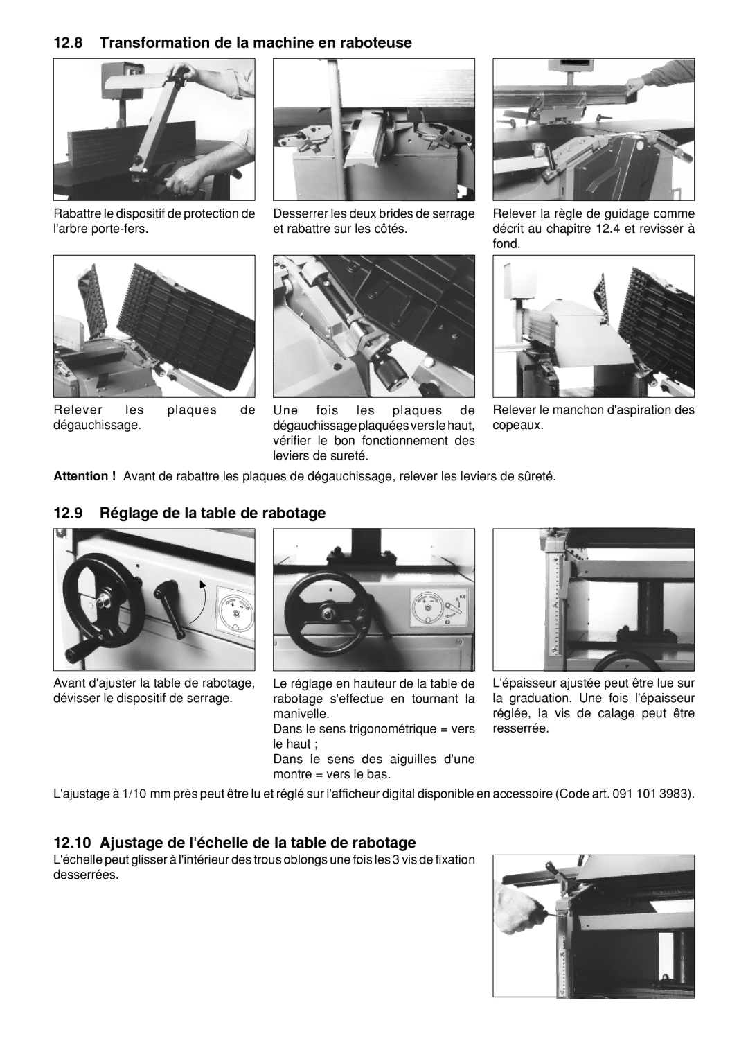 Metabo HC 410 operating instructions Transformation de la machine en raboteuse, 12.9 RŽglage de la table de rabotage 