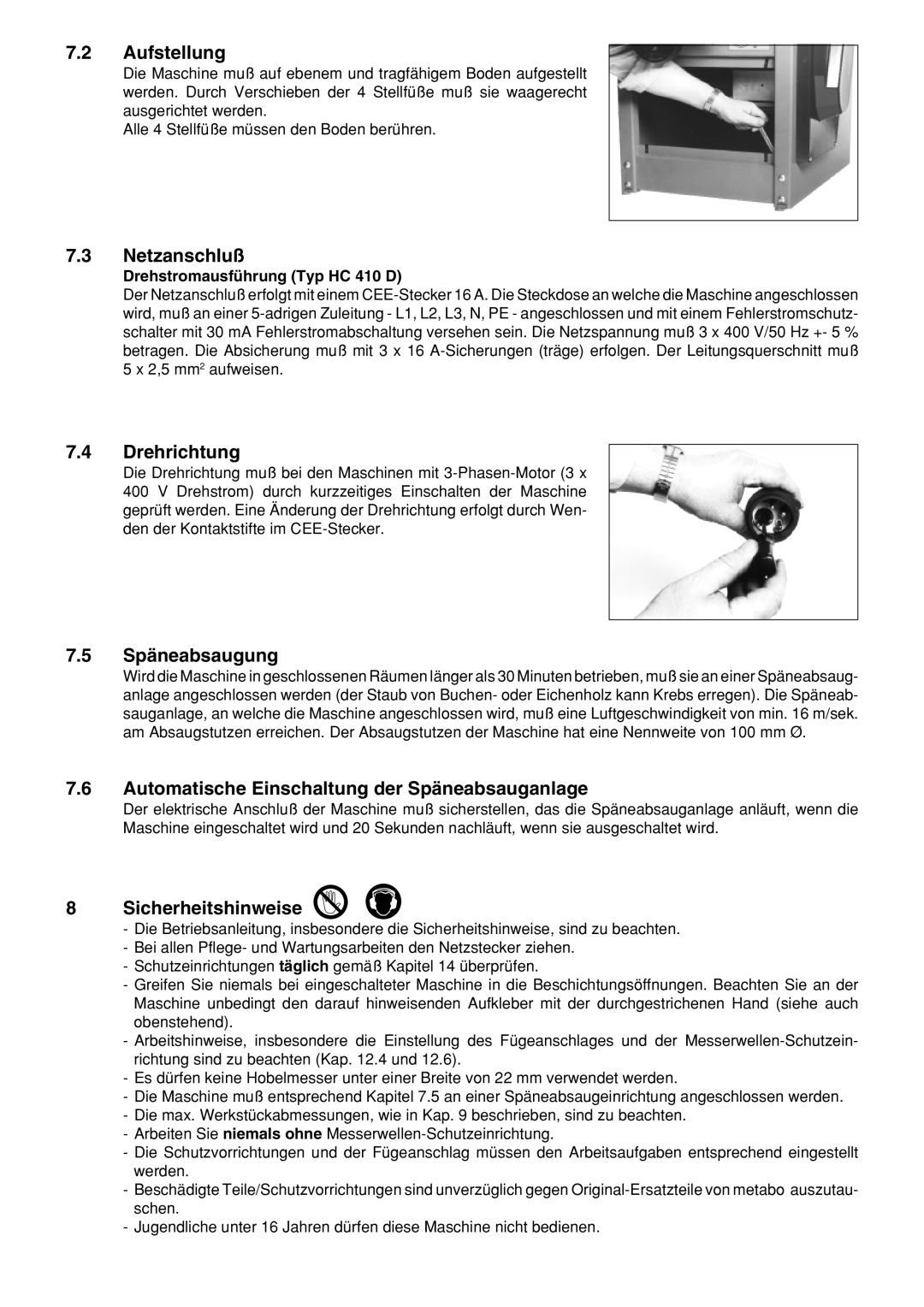 Metabo HC 410 Aufstellung, Netzanschlu§, Drehrichtung, SpŠneabsaugung, Automatische Einschaltung der SpŠneabsauganlage 