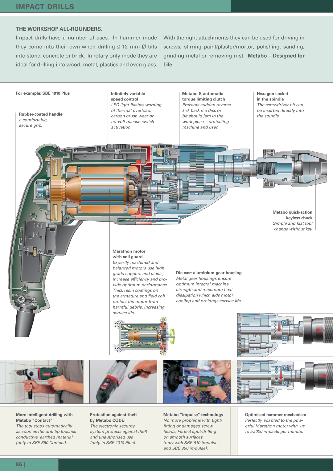 Metabo Impact Drill manual For example SBE 1010 Plus Rubber-coated handle, Infinitely variable speed control, Keyless chuck 