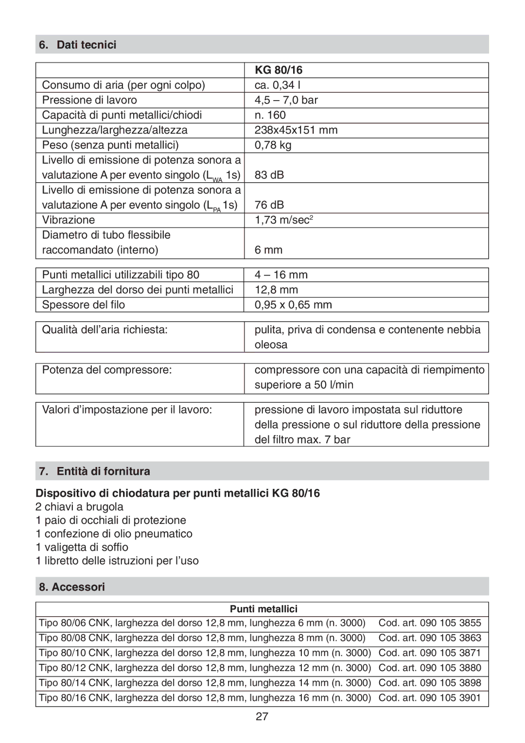 Metabo KG 16 manual Dati tecnici KG 80/16, Del filtro max bar 