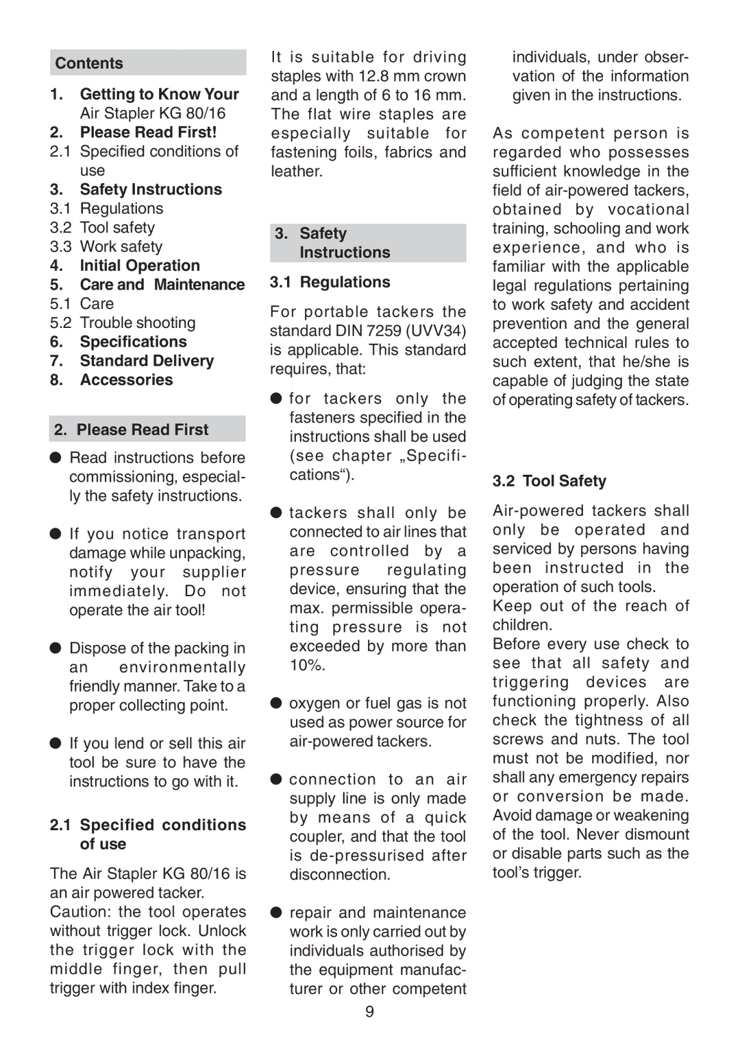 Metabo KG 16, KG 80 Safety Instructions, Initial Operation Care and Maintenance, Specified conditions of use, Tool Safety 