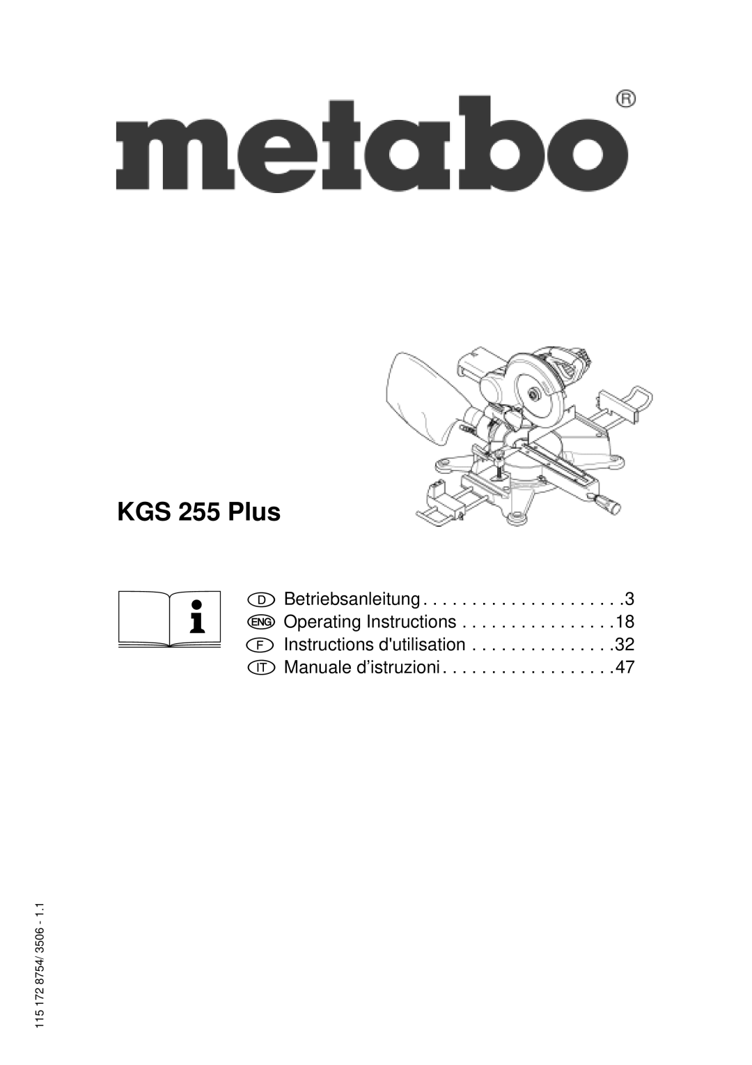 Metabo KGS 255 Plus operating instructions 115 172 8754/ 3506 