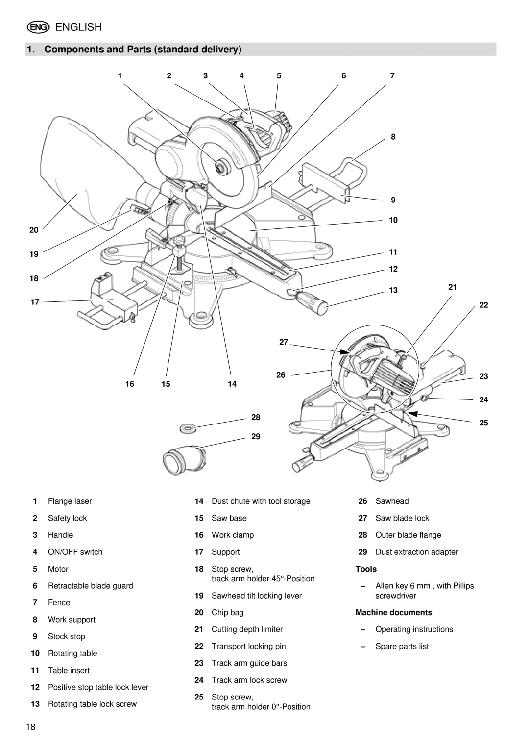 Metabo KGS 255 Plus Components and Parts standard delivery, Tools, Retractable blade guard Track arm holder 45-Position 