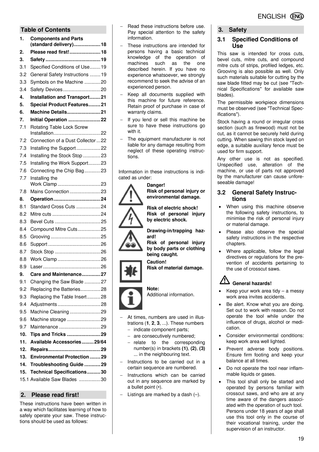 Metabo KGS 255 Plus operating instructions Table of Contents, Please read first, Safety Specified Conditions of Use 