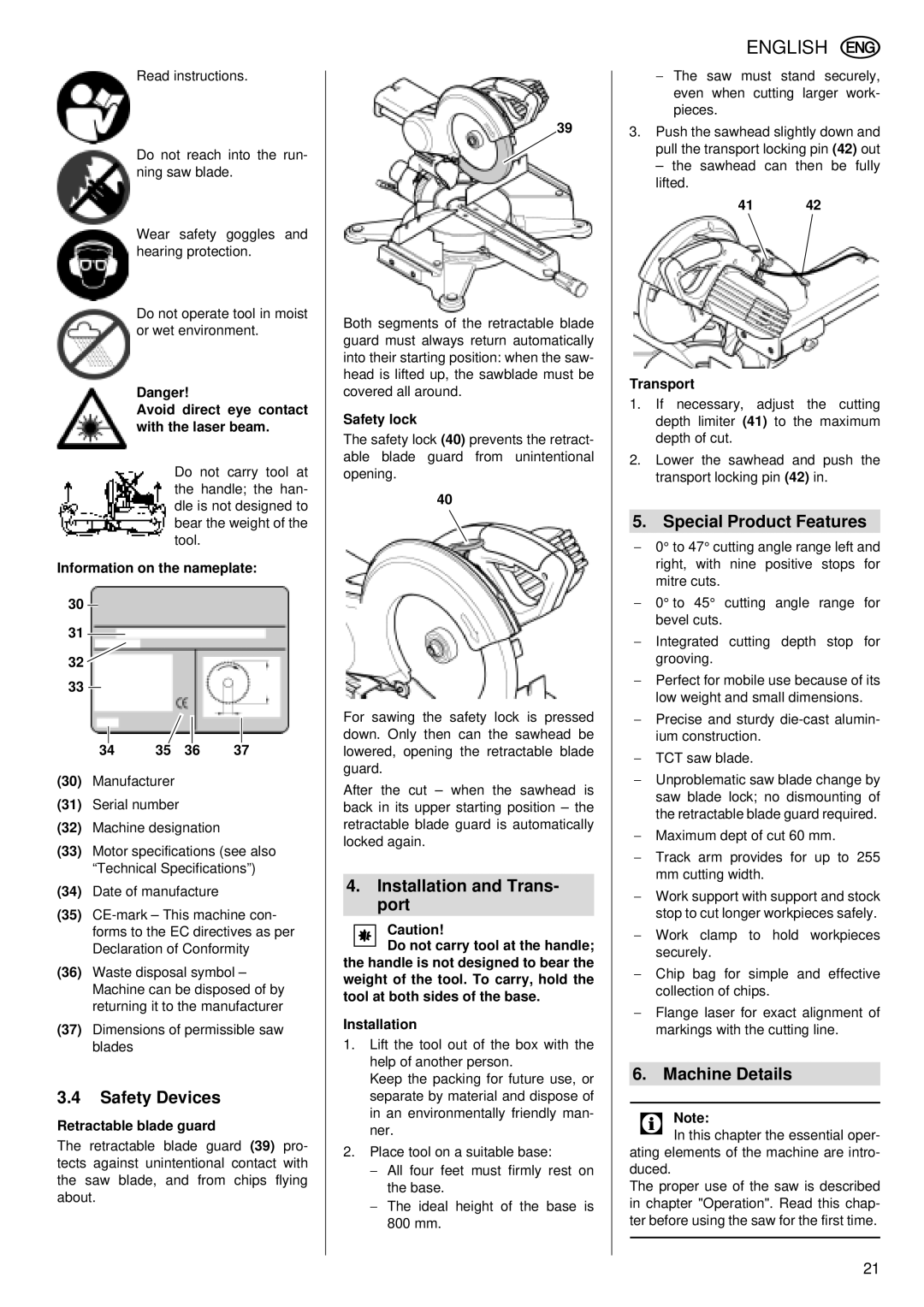 Metabo KGS 255 Plus Safety Devices, Installation and Trans- port, Special Product Features, Machine Details 