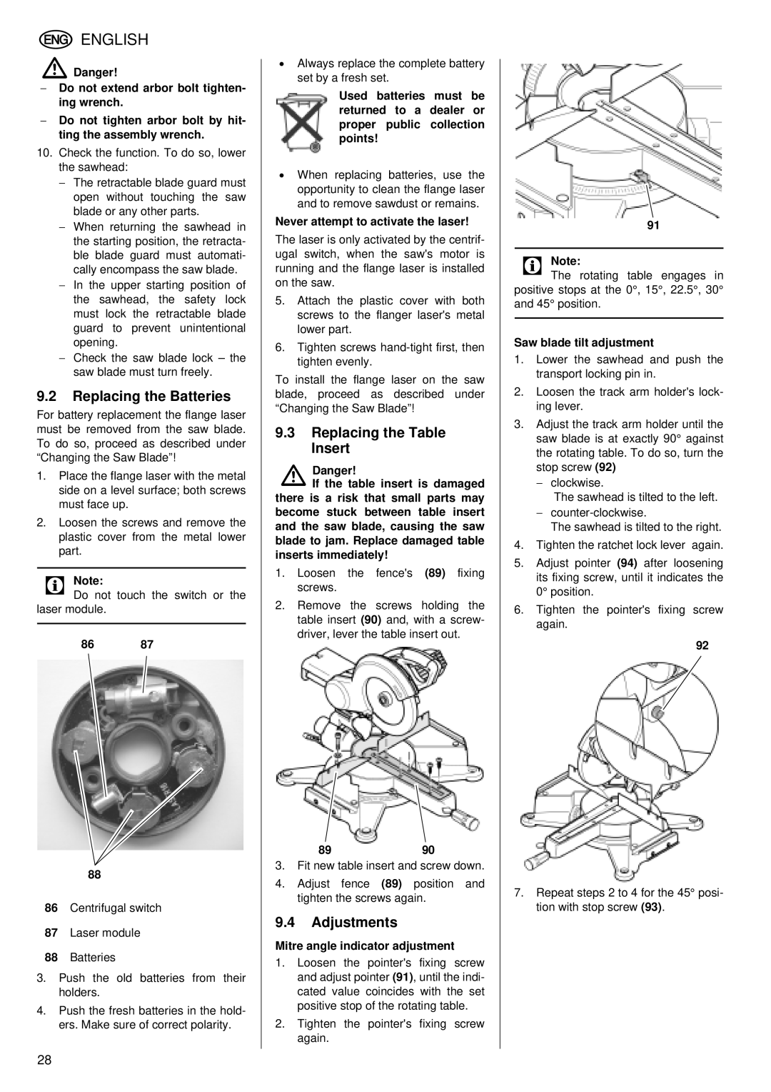 Metabo KGS 255 Plus operating instructions Replacing the Batteries, Replacing the Table Insert, Adjustments 