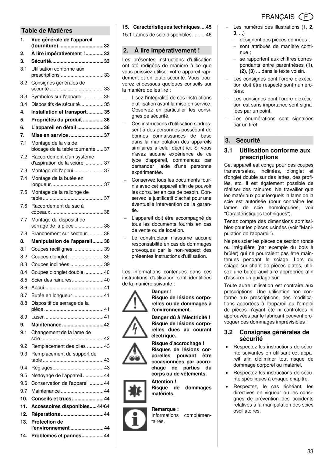 Metabo KGS 255 Plus Table de Matières, Lire impérativement, Sécurité Utilisation conforme aux prescriptions 