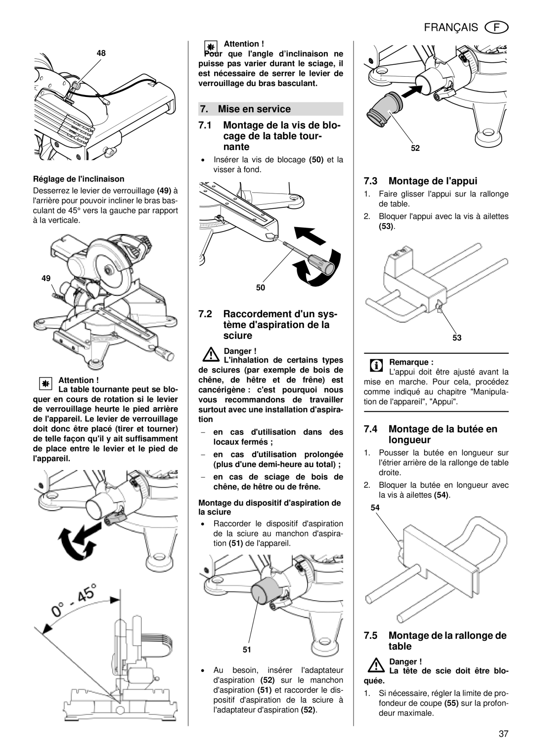 Metabo KGS 255 Plus operating instructions Raccordement dun sys- tème daspiration de la sciure, Montage de lappui 