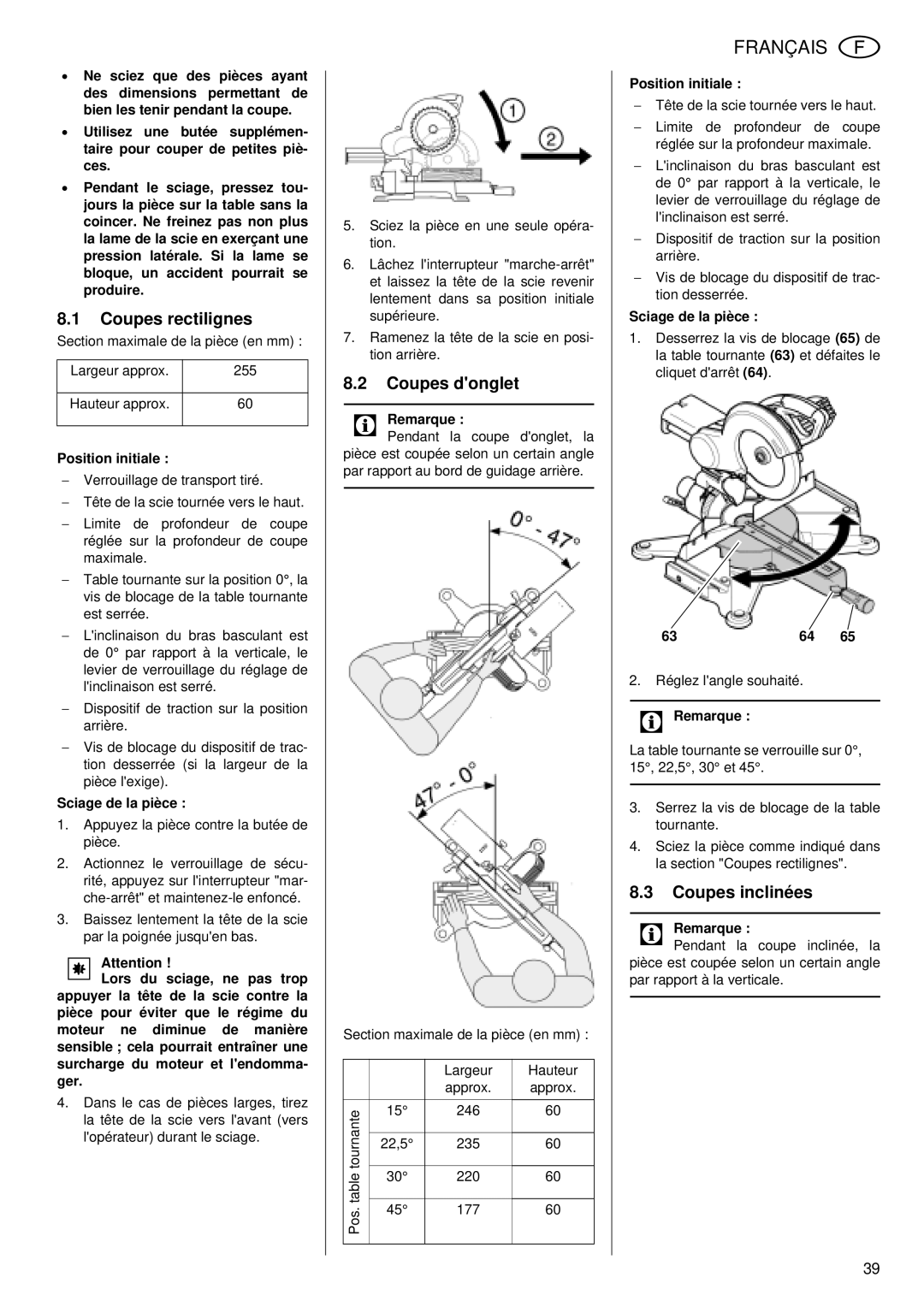 Metabo KGS 255 Plus Coupes rectilignes, Coupes donglet, Coupes inclinées, Position initiale, Sciage de la pièce 