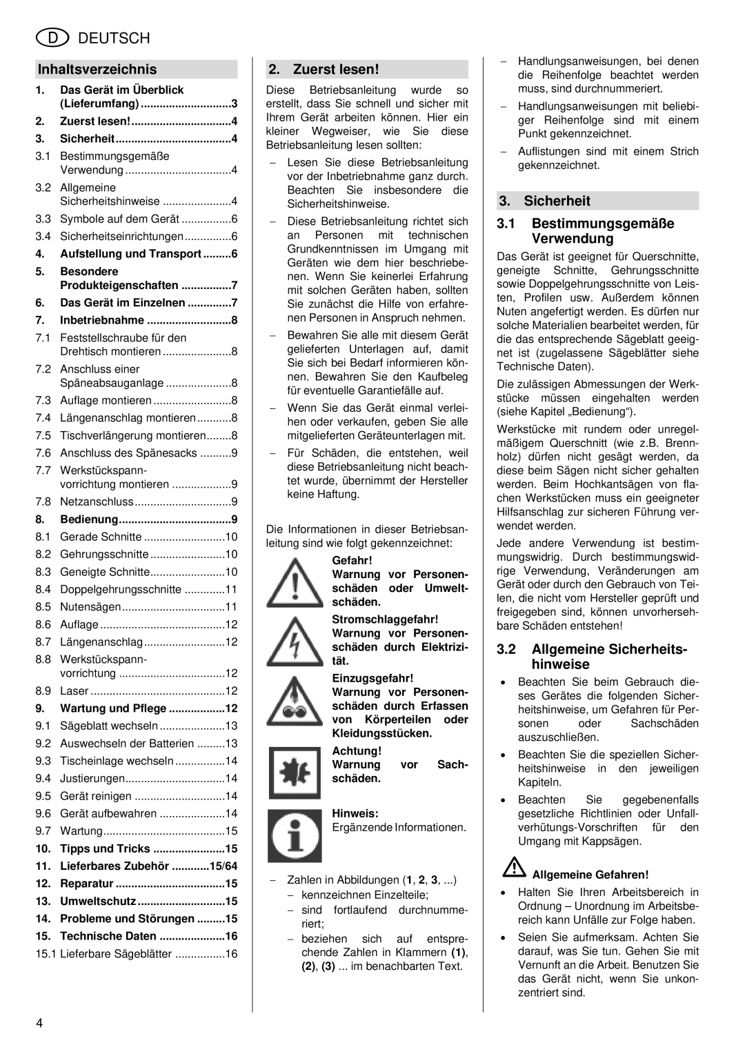 Metabo KGS 255 Plus operating instructions Inhaltsverzeichnis, Zuerst lesen, Sicherheit Bestimmungsgemäße Verwendung 