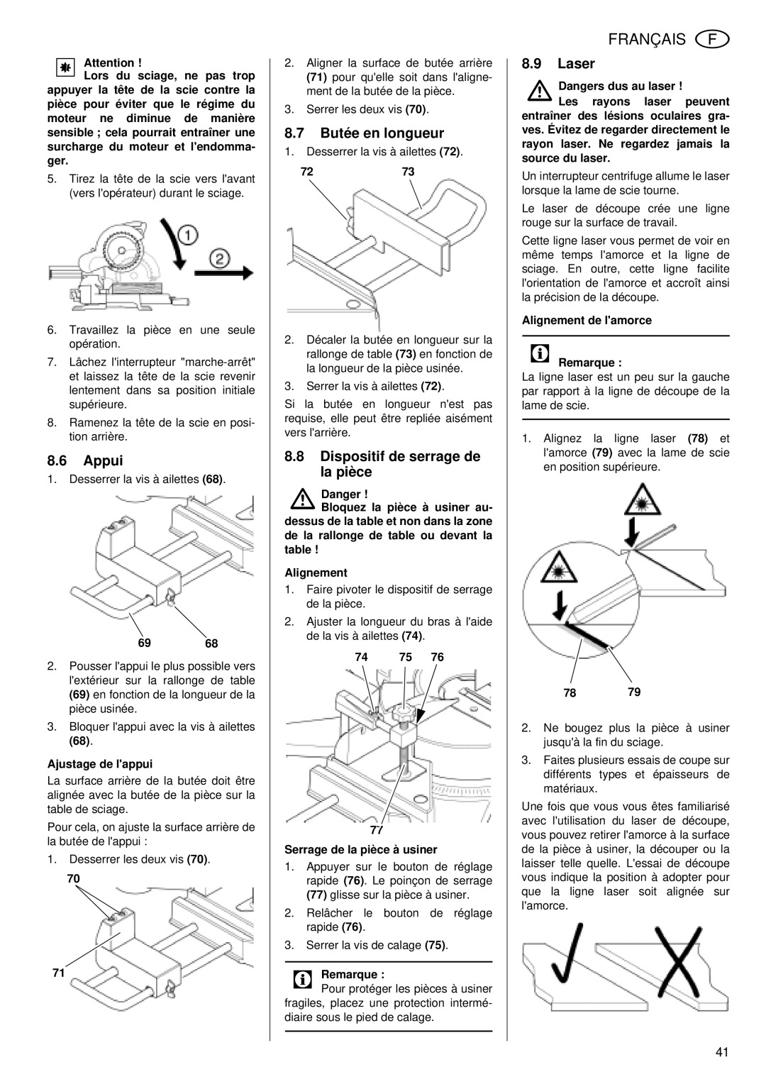 Metabo KGS 255 Plus operating instructions Appui, Butée en longueur, Dispositif de serrage de la pièce 