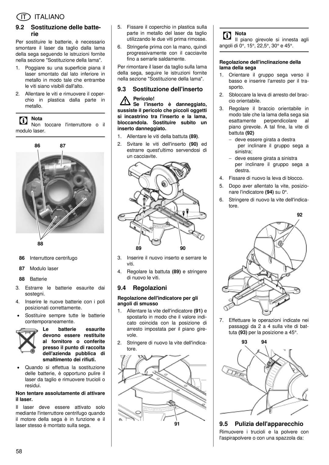 Metabo KGS 255 Plus Sostituzione delle batte- rie, Sostituzione dellinserto, Regolazioni, Pulizia dellapparecchio 