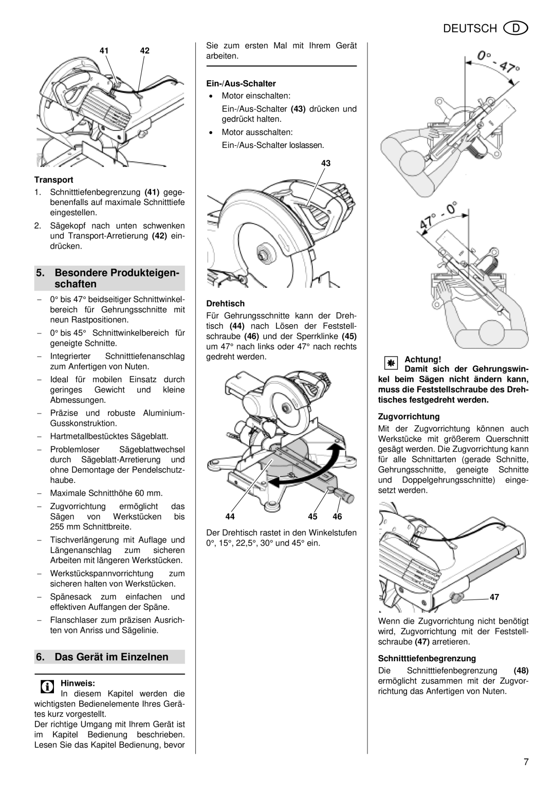 Metabo KGS 255 Plus operating instructions Besondere Produkteigen- schaften, Das Gerät im Einzelnen 