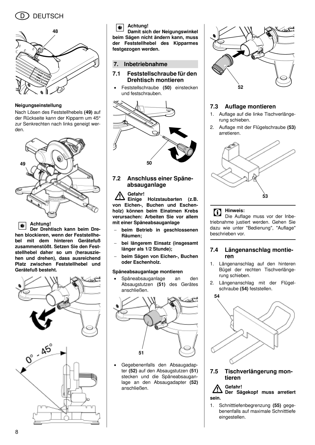 Metabo KGS 255 Plus Anschluss einer Späne- absauganlage, Auflage montieren, Längenanschlag montie- ren 