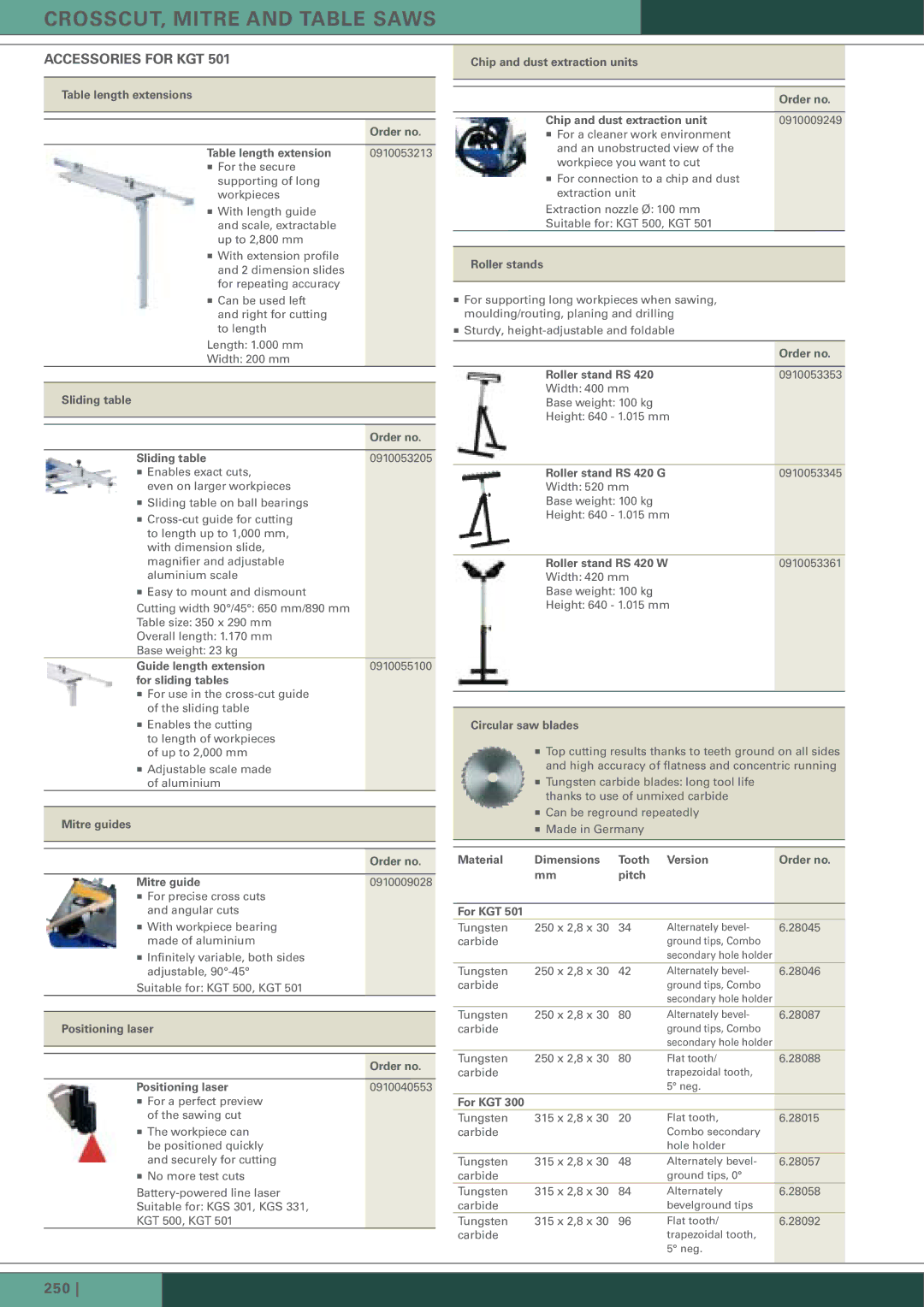 Metabo KGT 501 Sliding table Order no, Guide length extension, For sliding tables, Mitre guides Order no, Roller stands 