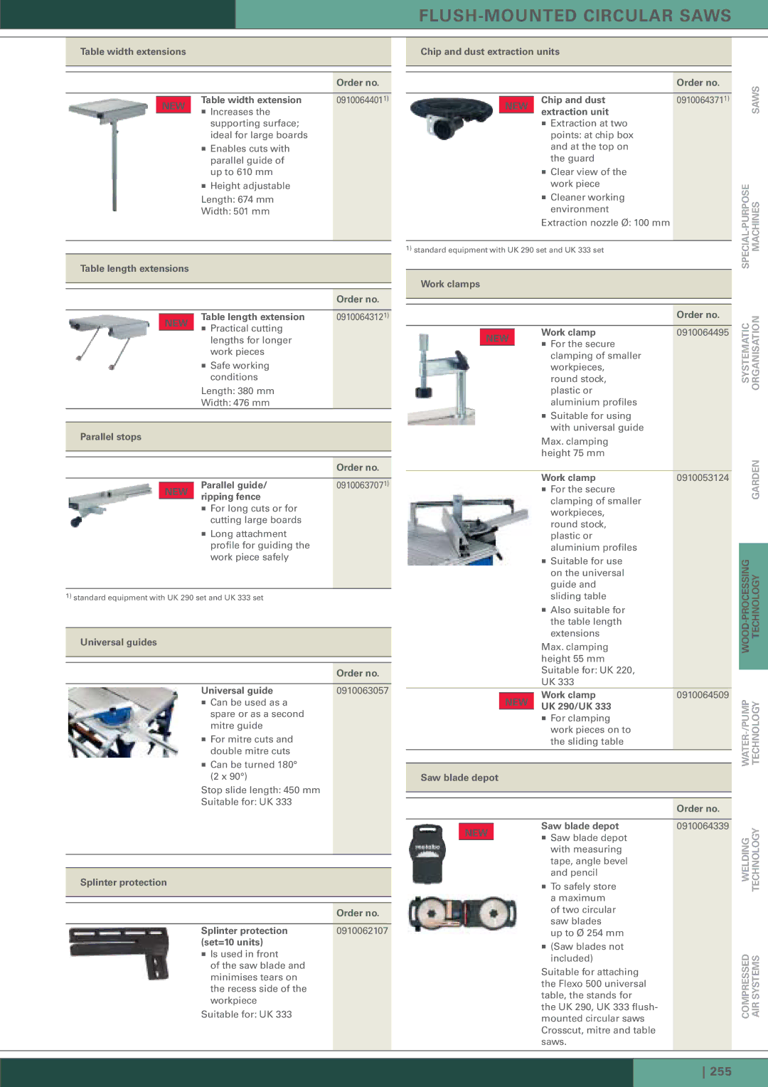 Metabo KGT 300 manual Table width extensions Order no, Parallel stops Order no Parallel guide, Ripping fence, Set=10 units 