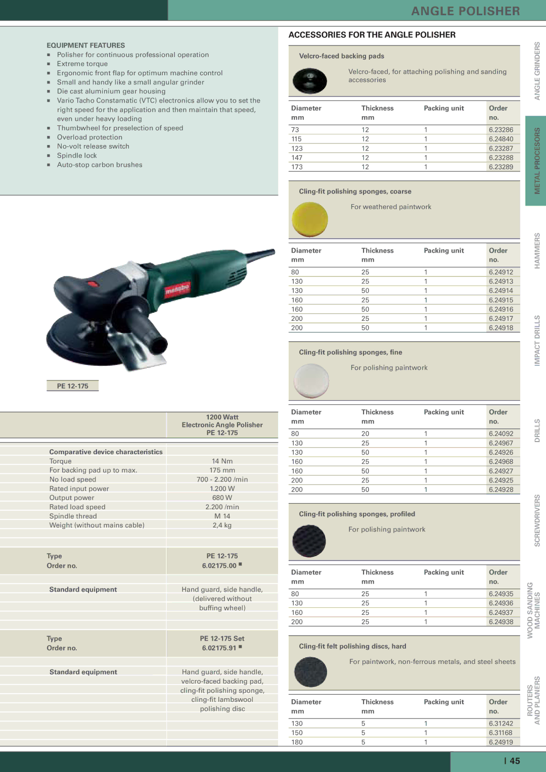 Metabo PE 12-175 manual Angle Polisher, Equipment Features, Metal Procesors Angle Grinders, Hammers Impact Drills 