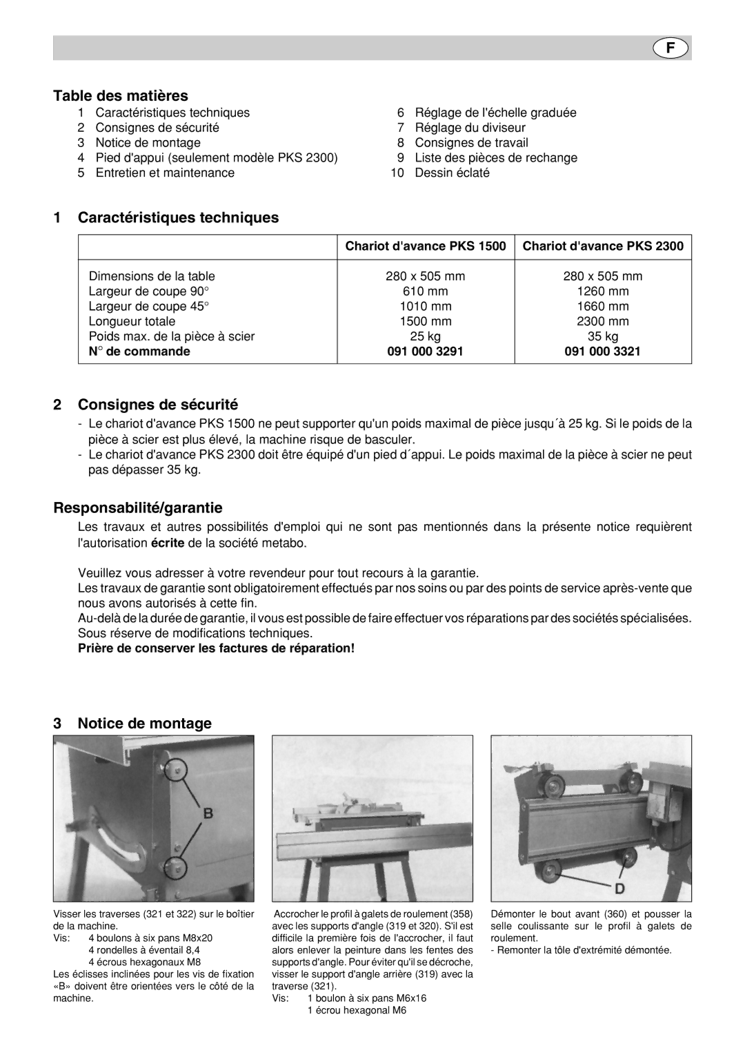 Metabo PK 250, PK 300 Table des matières, Caractéristiques techniques, Consignes de sécurité, Responsabilité/garantie 