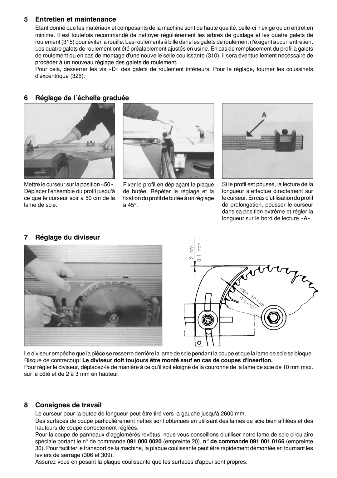 Metabo PK 250, PK 300 Entretien et maintenance, Réglage de l´échelle graduée, Réglage du diviseur, Consignes de travail 