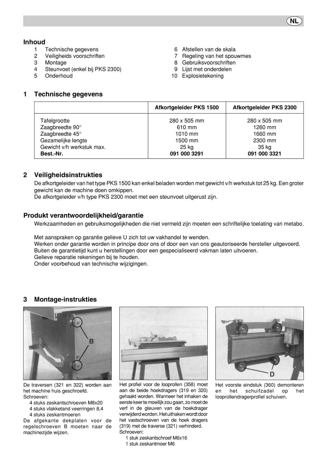 Metabo PK 300, PK 250 Inhoud, Technische gegevens, Veiligheidsinstrukties, Produkt verantwoordelijkheid/garantie 