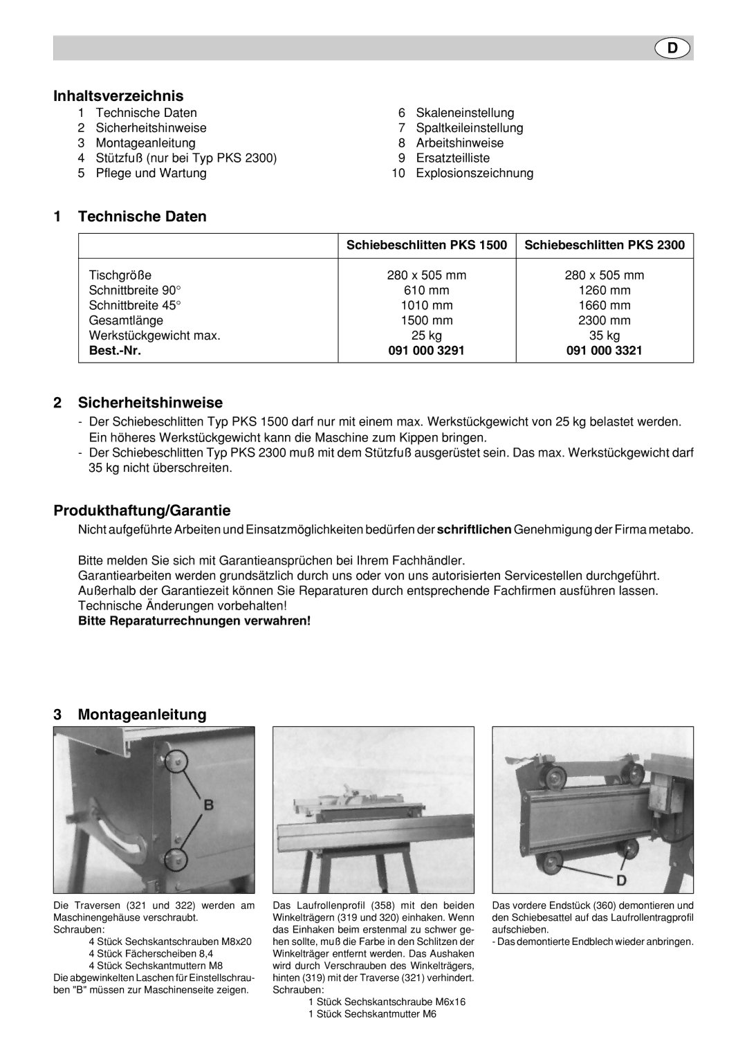 Metabo PK 250, PK 300 Inhaltsverzeichnis, Technische Daten, Sicherheitshinweise, Produkthaftung/Garantie, Montageanleitung 