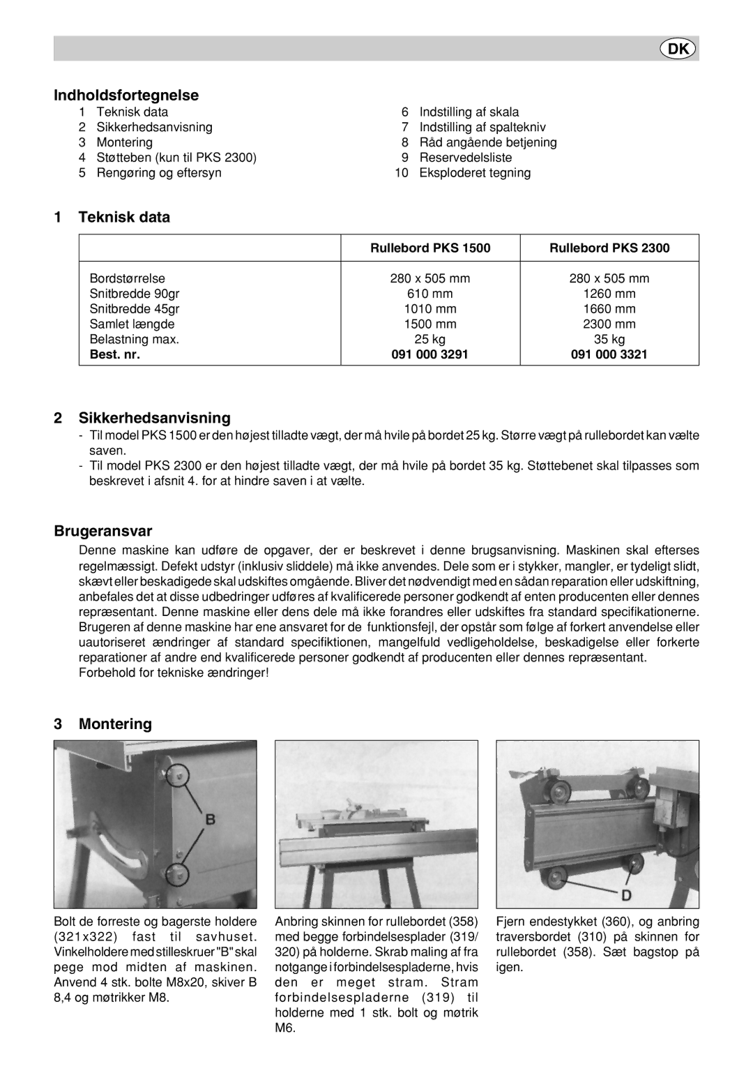 Metabo PK 250, PK 300 operation manual Indholdsfortegnelse, Teknisk data, Sikkerhedsanvisning, Brugeransvar, Montering 