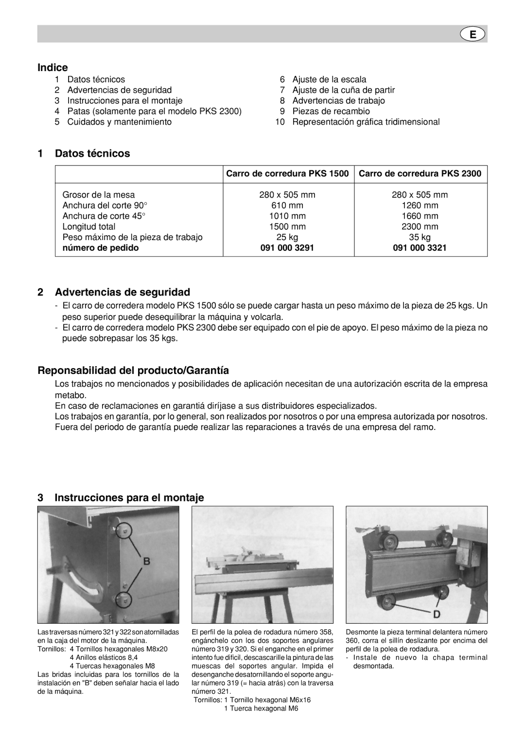 Metabo PK 300, PK 250 Indice, Datos técnicos, Advertencias de seguridad, Reponsabilidad del producto/Garantía 