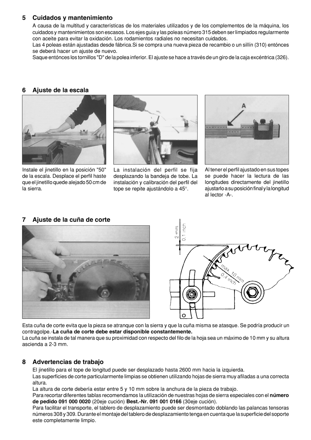 Metabo PK 300, PK 250 Cuidados y mantenimiento, Ajuste de la escala, Ajuste de la cuña de corte, Advertencias de trabajo 