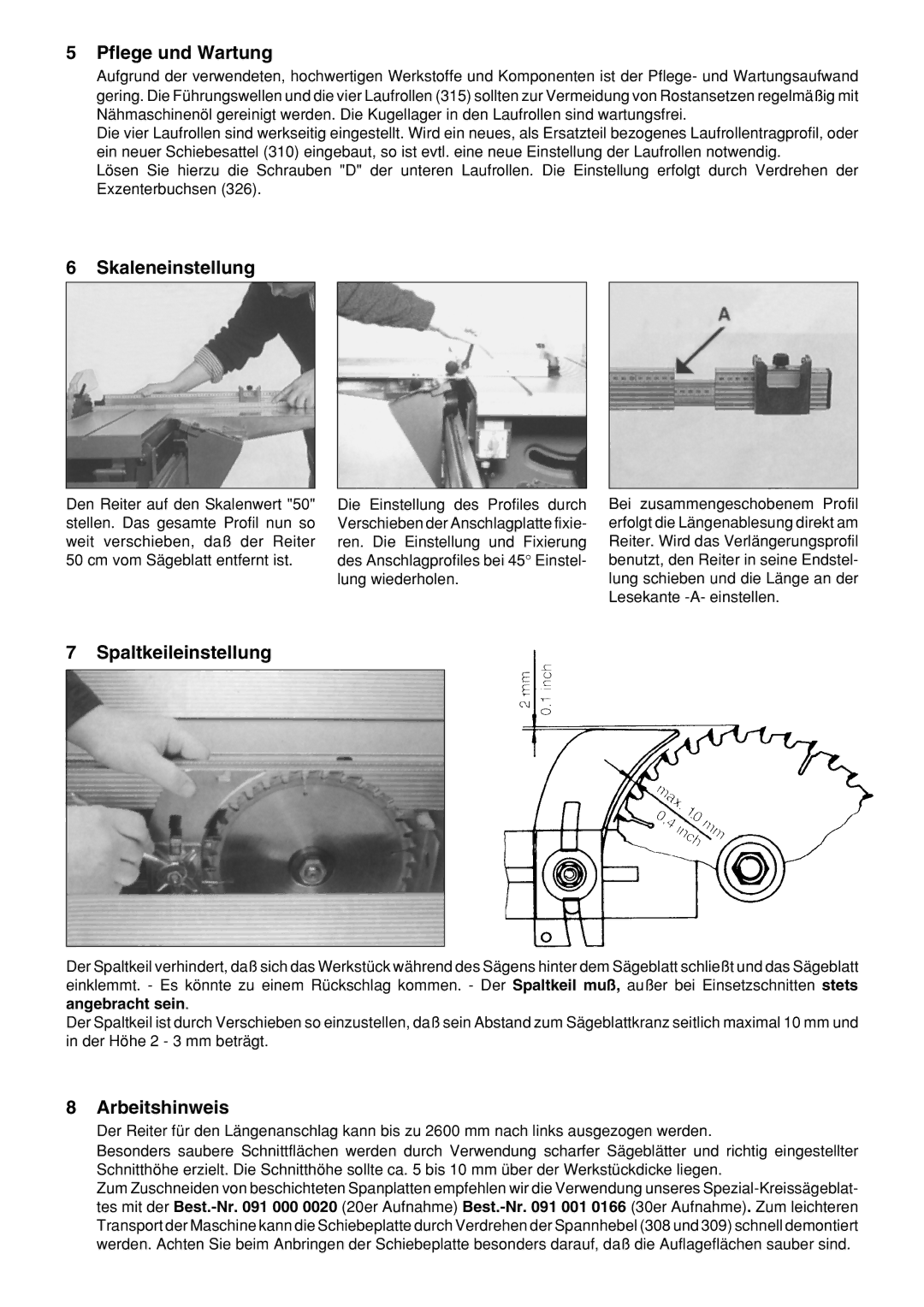 Metabo PK 250, PK 300 operation manual Pflege und Wartung, Skaleneinstellung, Spaltkeileinstellung, Arbeitshinweis 