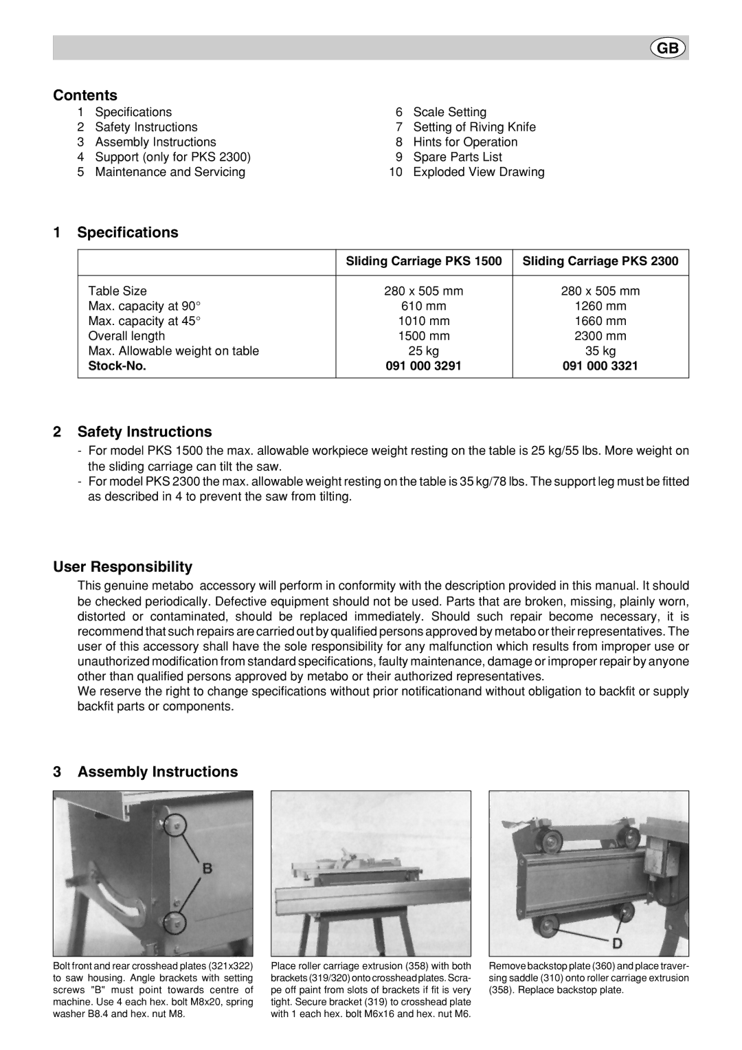 Metabo PK 300, PK 250 Contents, Specifications, Safety Instructions, User Responsibility, Assembly Instructions 