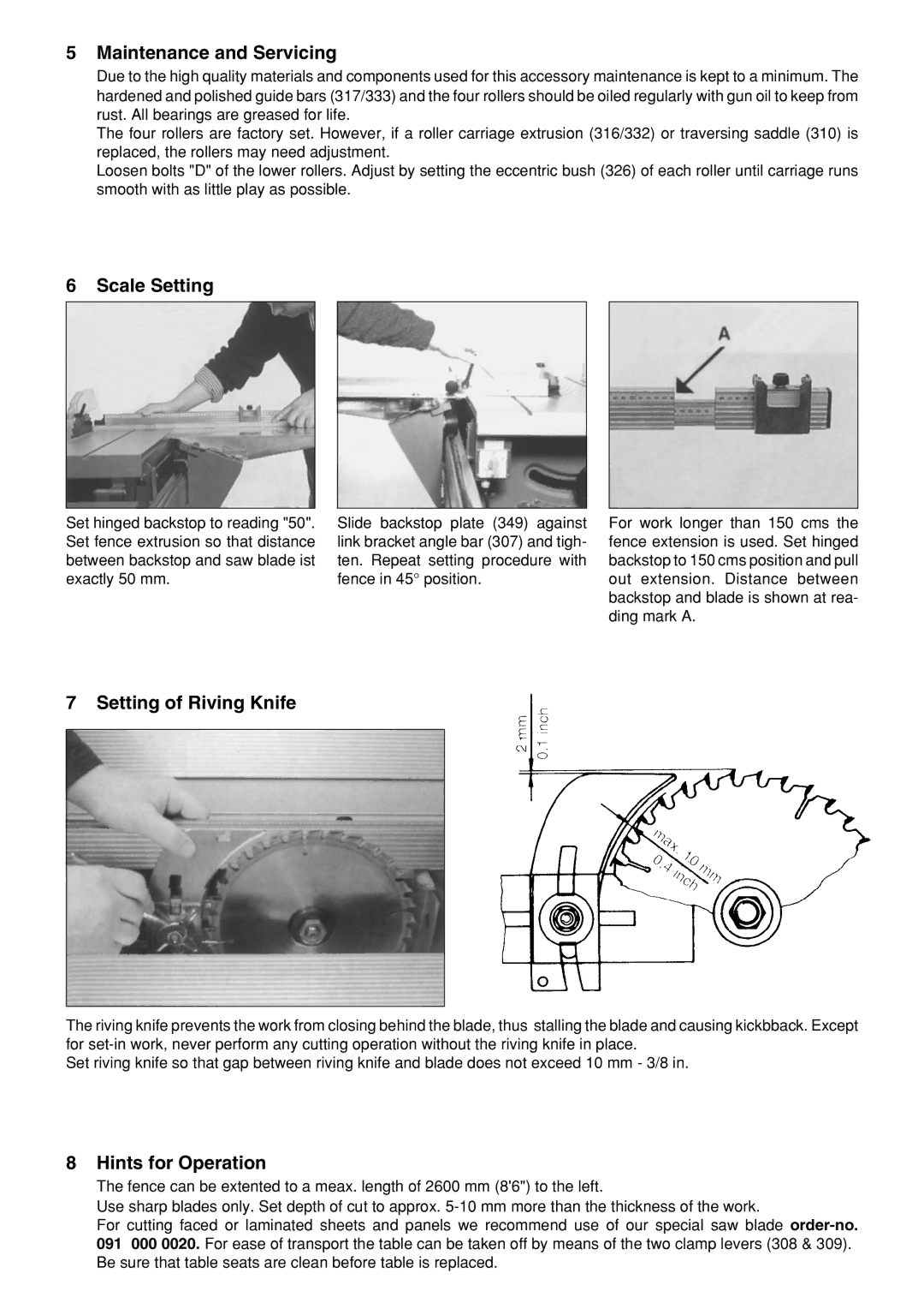 Metabo PK 300, PK 250 Maintenance and Servicing, Scale Setting, Setting of Riving Knife, Hints for Operation 