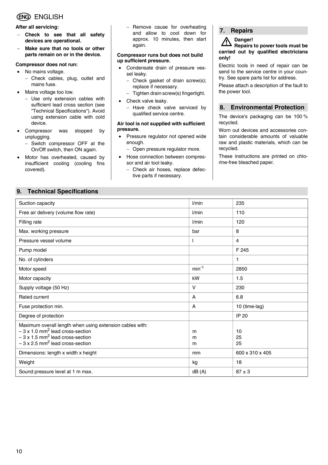 Metabo Power 260 manual Repairs, Environmental Protection, Technical Specifications 