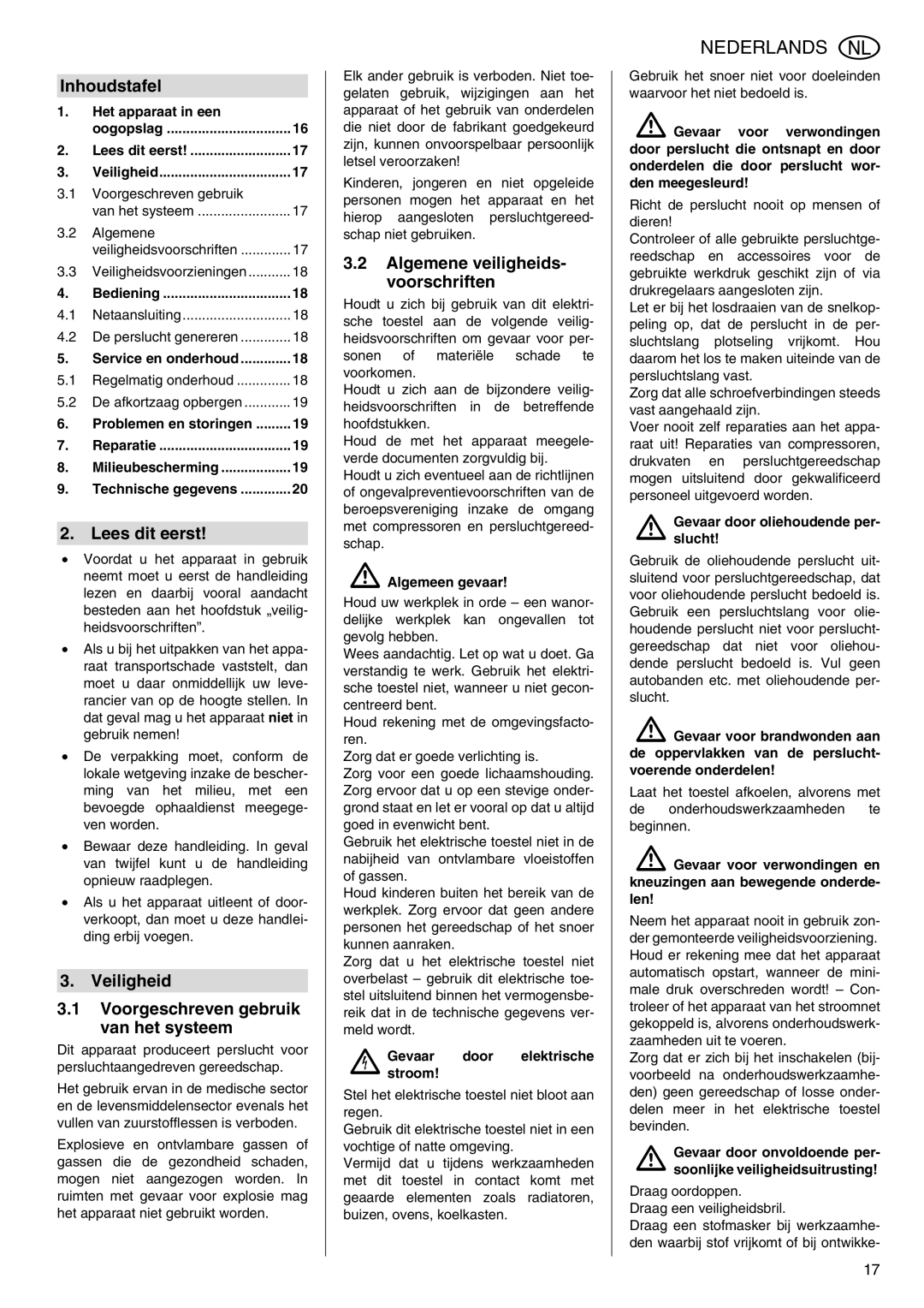 Metabo Power 260 manual Inhoudstafel, Lees dit eerst, Veiligheid Voorgeschreven gebruik van het systeem 