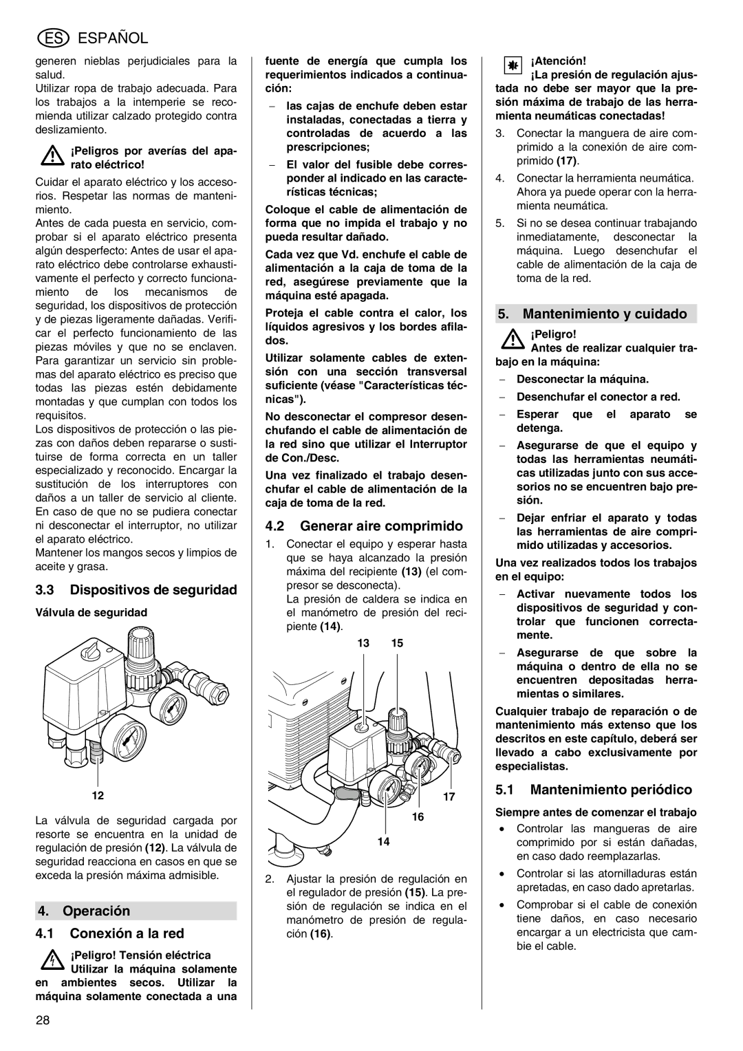 Metabo Power 260 Dispositivos de seguridad, Operación Conexión a la red, Generar aire comprimido, Mantenimiento y cuidado 