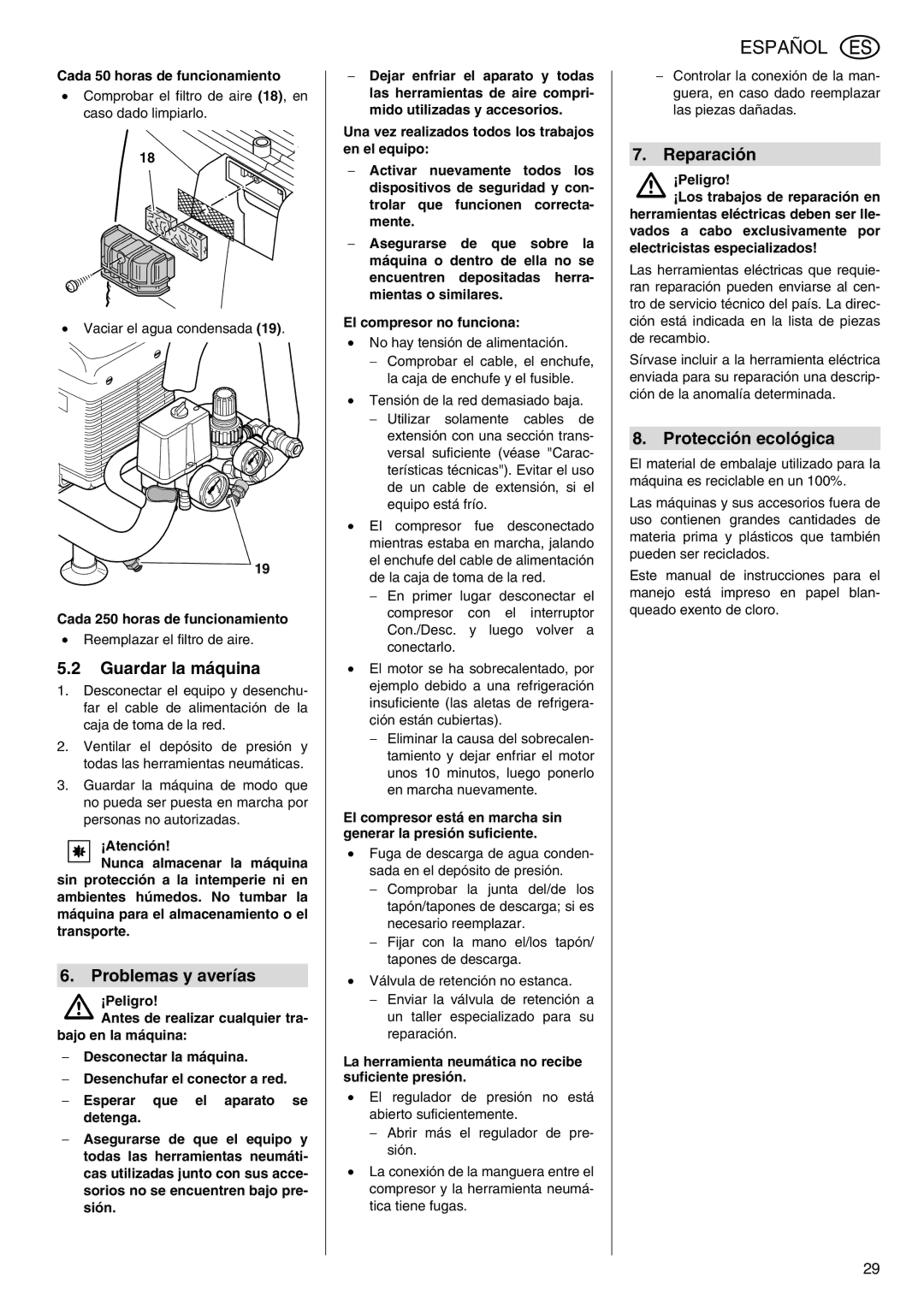 Metabo Power 260 manual Guardar la máquina, Problemas y averías, Reparación, Protección ecológica 