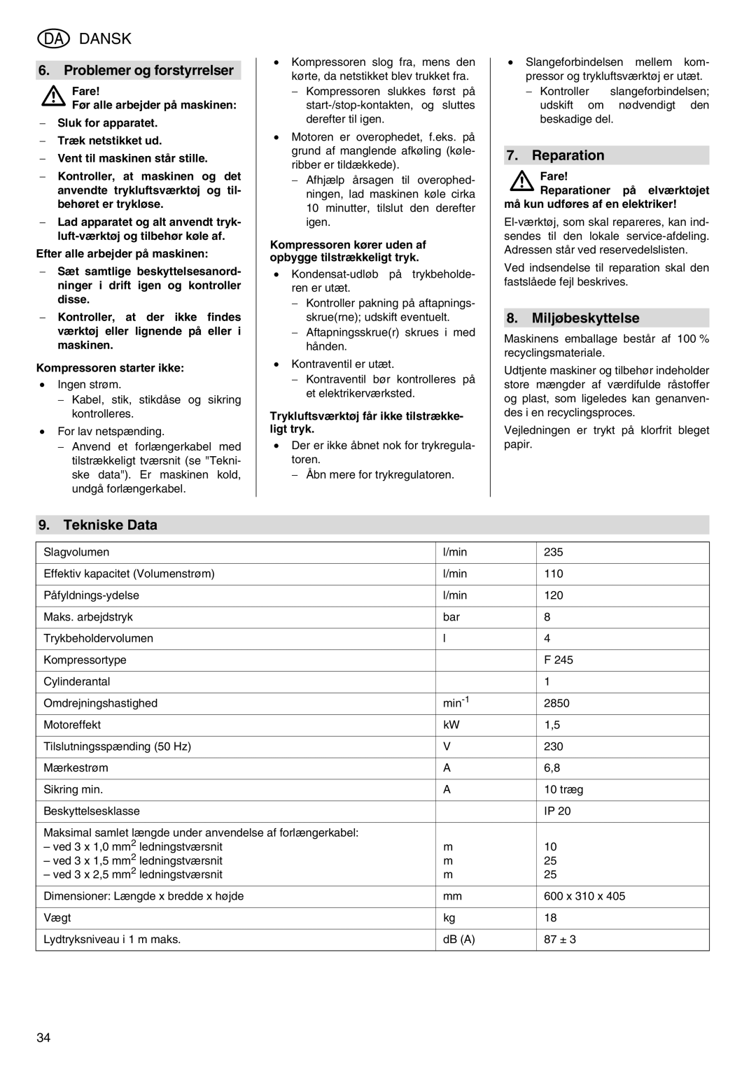 Metabo Power 260 manual Problemer og forstyrrelser, Reparation, Miljøbeskyttelse, Tekniske Data 