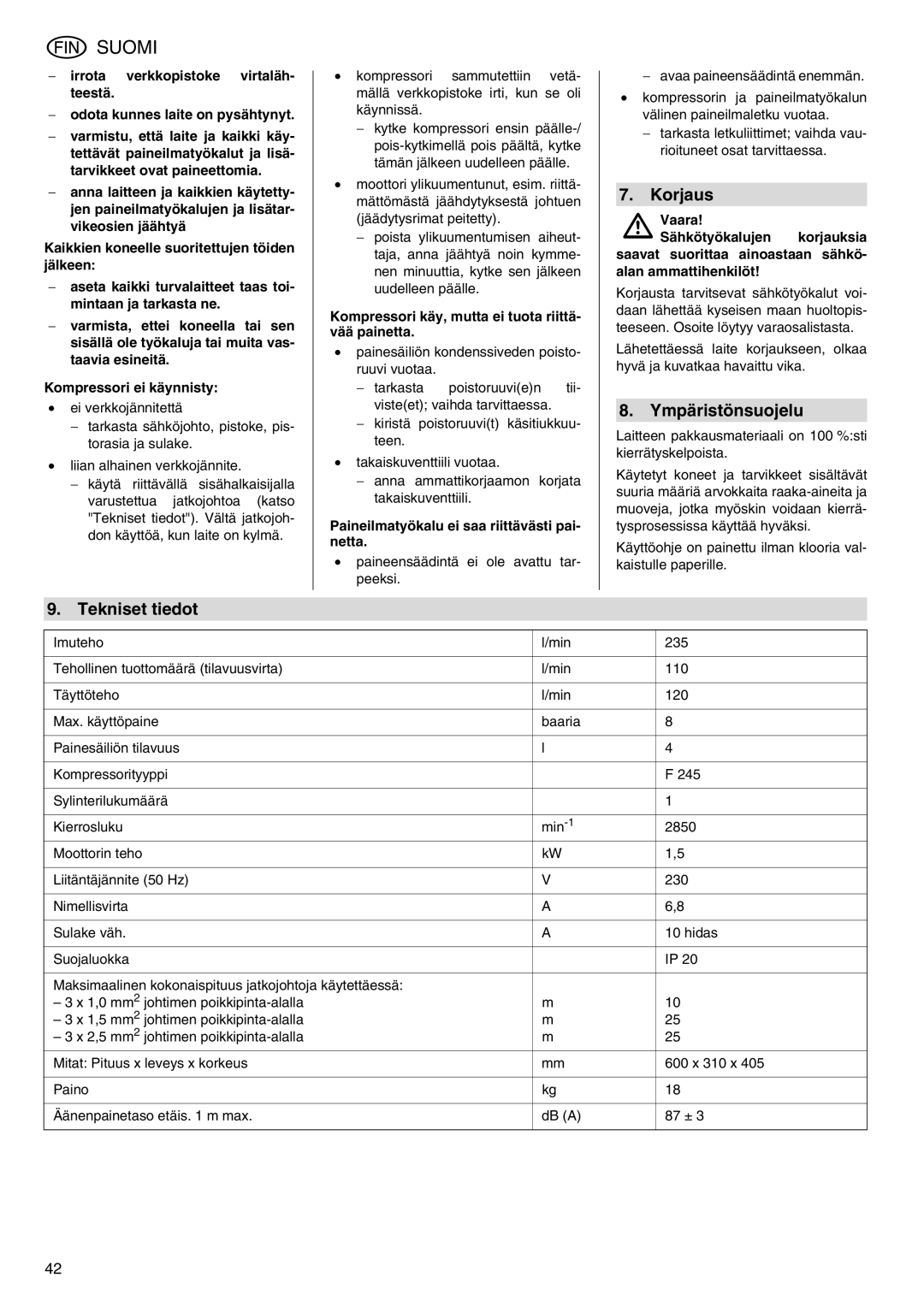 Metabo Power 260 manual Korjaus, Ympäristönsuojelu, Tekniset tiedot, Kompressori käy, mutta ei tuota riittä- vää painetta 