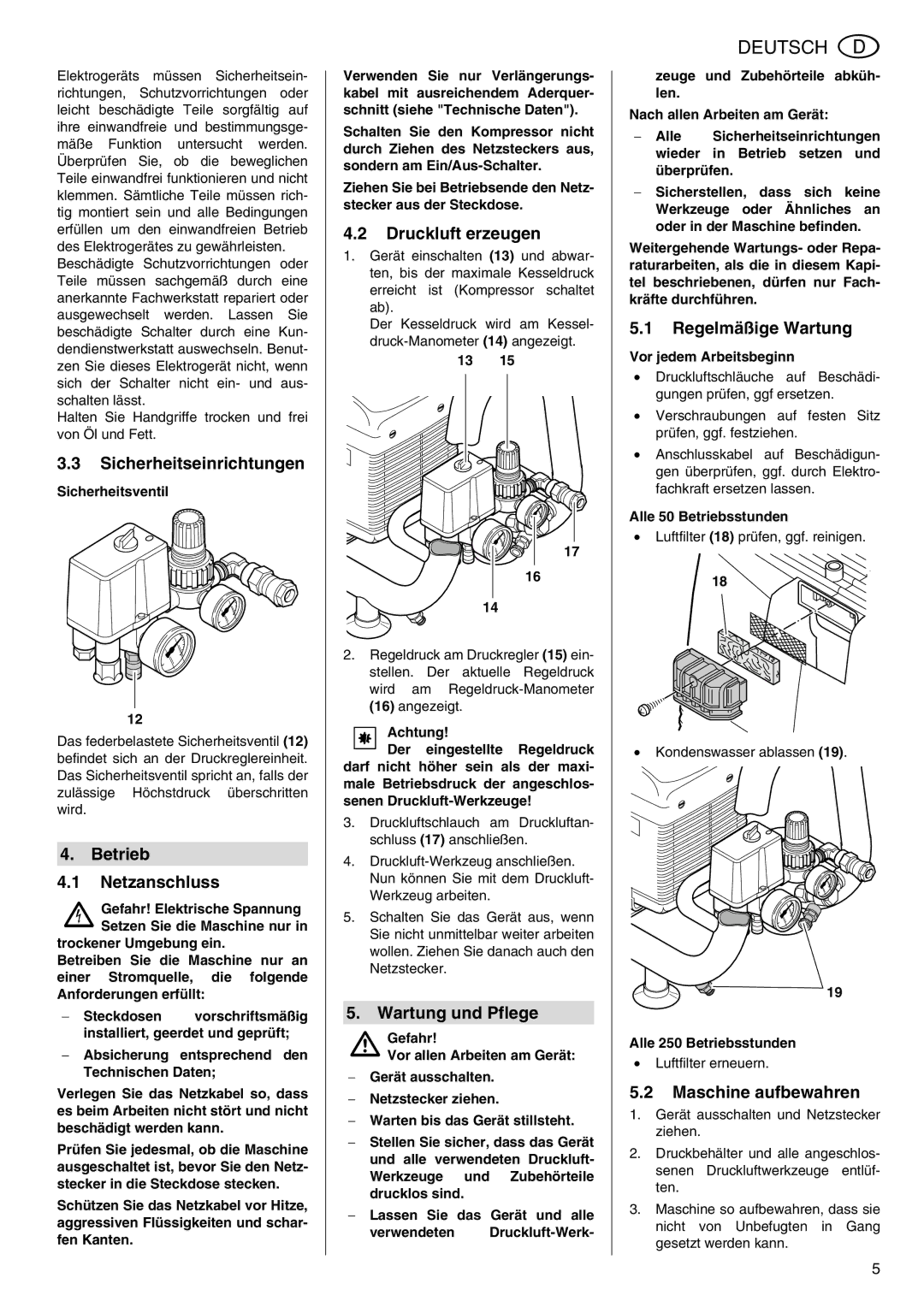 Metabo Power 260 manual Sicherheitseinrichtungen, Betrieb Netzanschluss, Druckluft erzeugen, Wartung und Pflege 