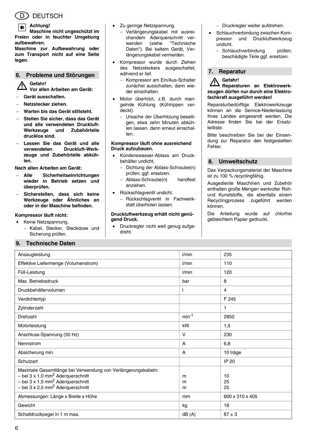 Metabo Power 260 manual Probleme und Störungen, Reparatur, Umweltschutz, Technische Daten 